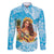 Aloha Hawaii Women's Day Family Matching Mermaid Dress and Hawaiian Shirt Hula Girl With Ukulele Tropical Style LT14 Dad's Shirt - Long Sleeve Blue - Polynesian Pride