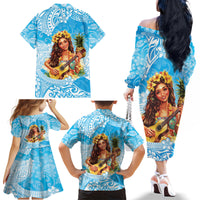 Aloha Hawaii Women's Day Family Matching Off Shoulder Long Sleeve Dress and Hawaiian Shirt Hula Girl With Ukulele Tropical Style LT14 - Polynesian Pride