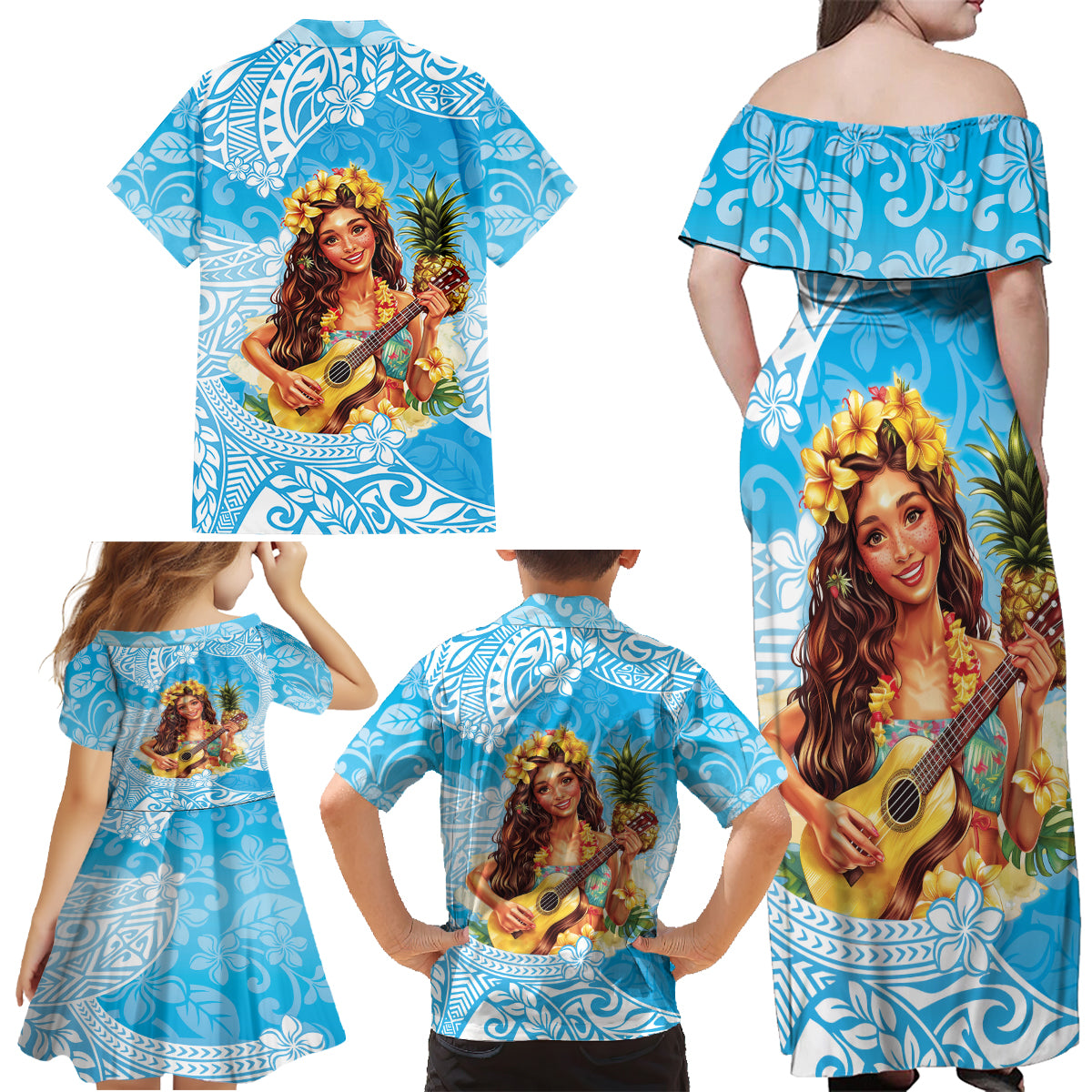 Aloha Hawaii Women's Day Family Matching Off Shoulder Maxi Dress and Hawaiian Shirt Hula Girl With Ukulele Tropical Style LT14 - Polynesian Pride