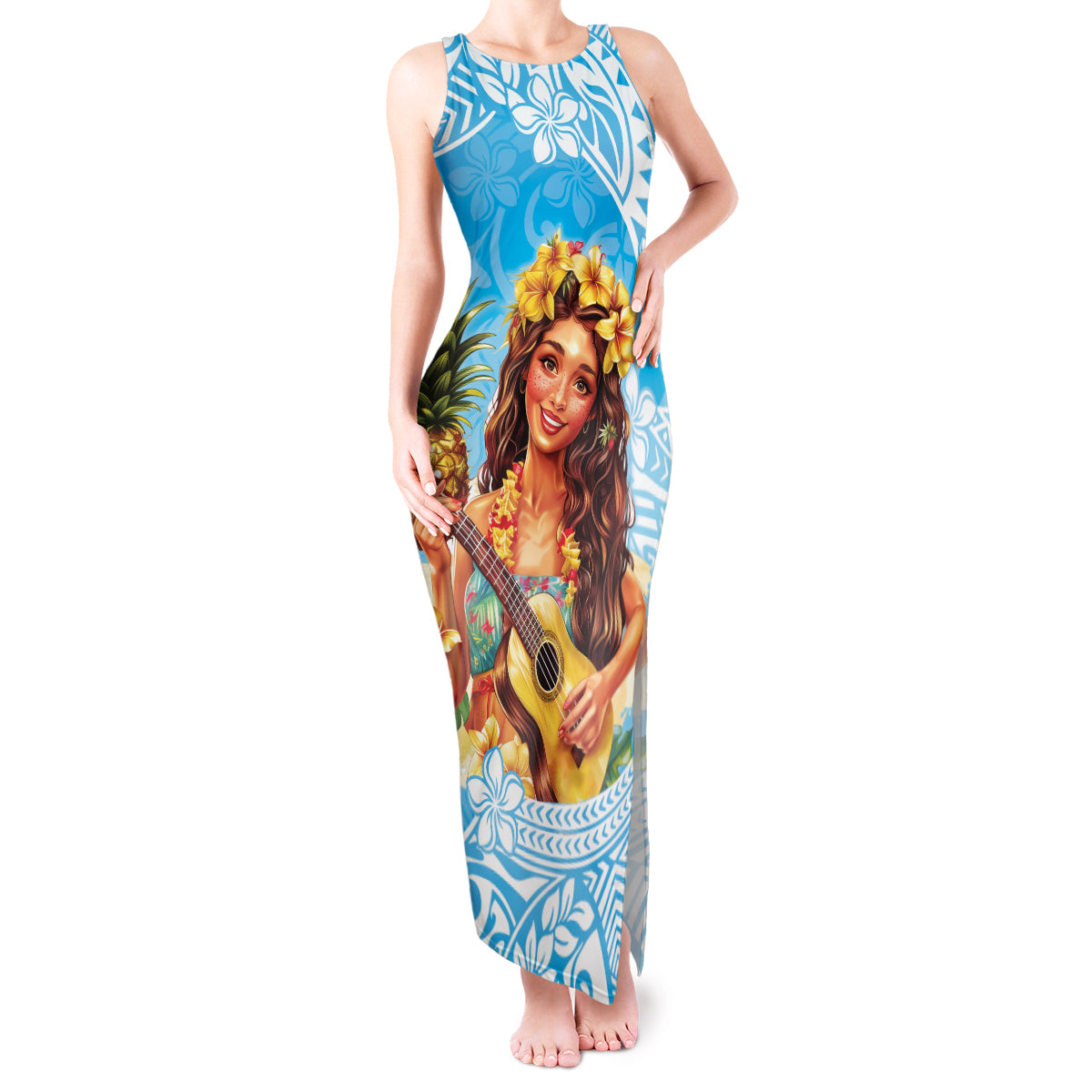 Aloha Hawaii Women's Day Tank Maxi Dress Hula Girl With Ukulele Tropical Style LT14 Women Blue - Polynesian Pride