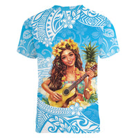 Aloha Hawaii Women's Day Women V Neck T Shirt Hula Girl With Ukulele Tropical Style LT14 - Polynesian Pride