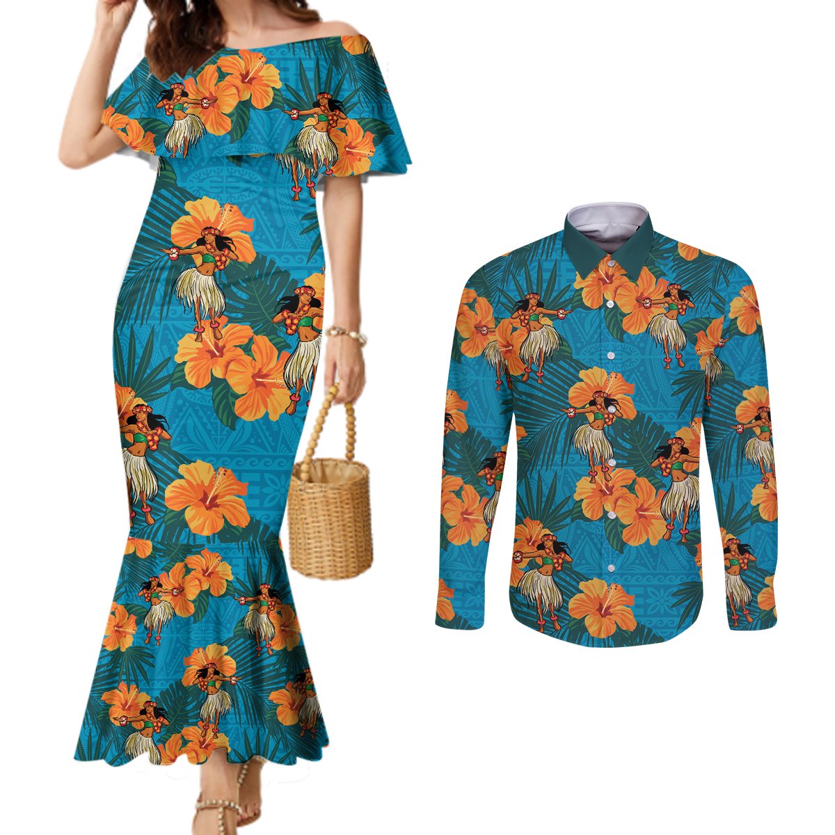 Hawaii Luau Party Couples Matching Mermaid Dress and Long Sleeve Button Shirt Dancing Girl Tropical Flowers LT14 Blue - Polynesian Pride