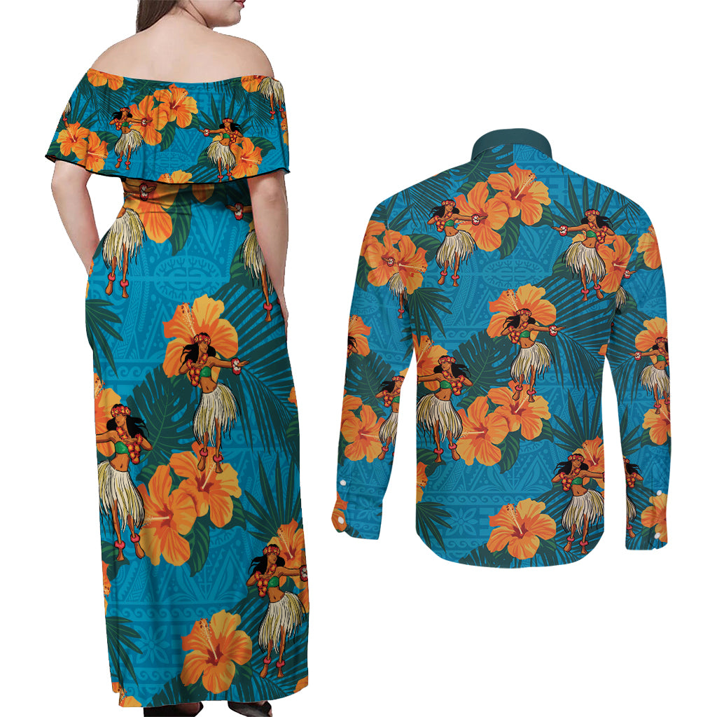 Hawaii Luau Party Couples Matching Off Shoulder Maxi Dress and Long Sleeve Button Shirt Dancing Girl Tropical Flowers LT14 - Polynesian Pride
