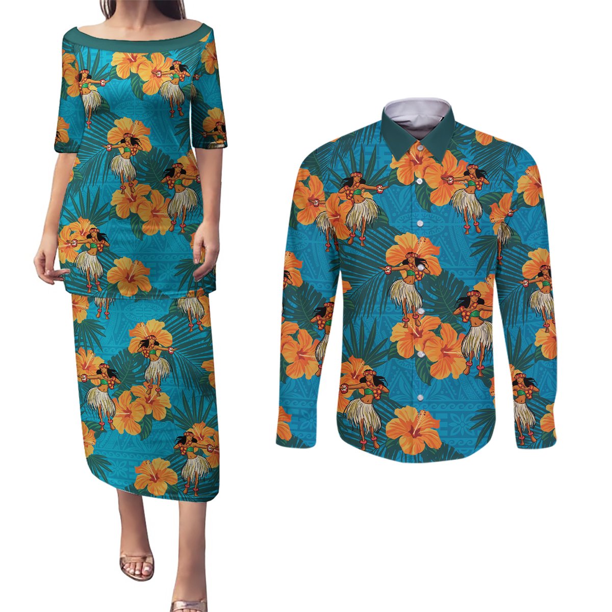 Hawaii Luau Party Couples Matching Puletasi and Long Sleeve Button Shirt Dancing Girl Tropical Flowers LT14 Blue - Polynesian Pride