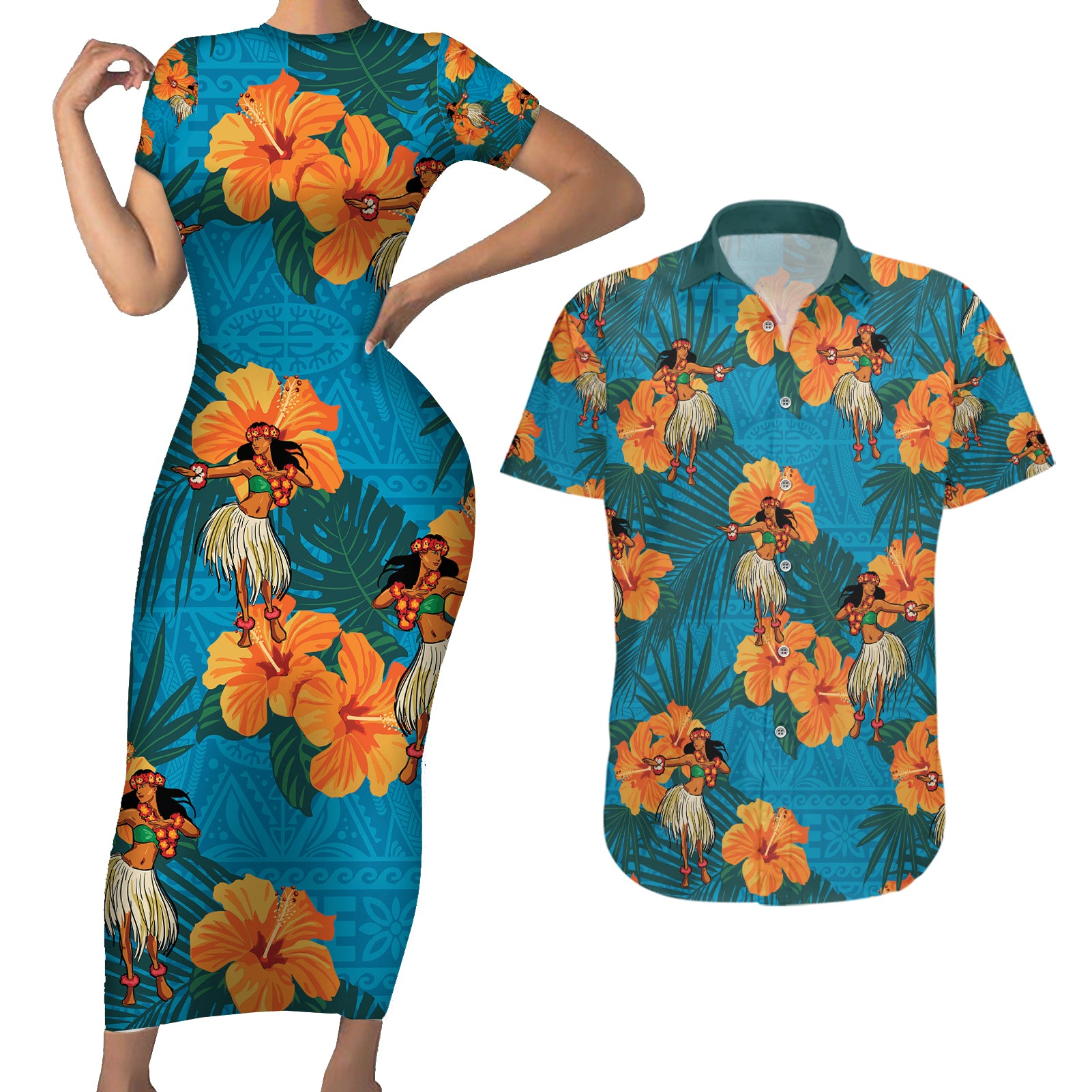 Hawaii Luau Party Couples Matching Short Sleeve Bodycon Dress and Hawaiian Shirt Dancing Girl Tropical Flowers LT14 Blue - Polynesian Pride