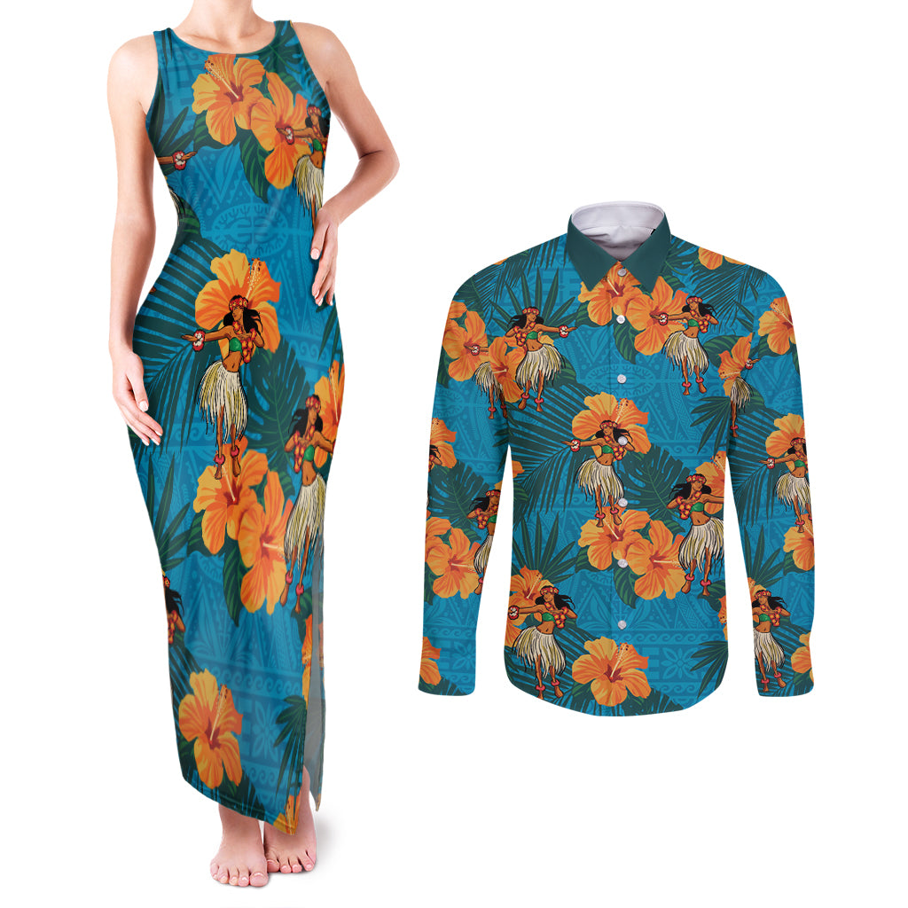 Hawaii Luau Party Couples Matching Tank Maxi Dress and Long Sleeve Button Shirt Dancing Girl Tropical Flowers LT14 Blue - Polynesian Pride