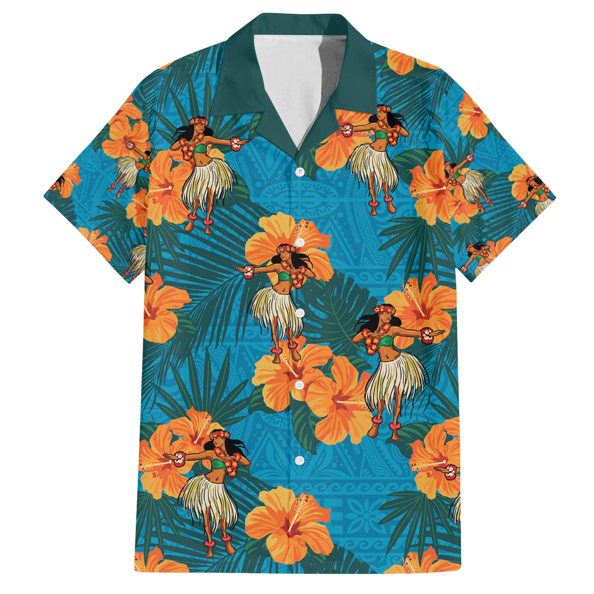 Hawaii Luau Party Family Matching Long Sleeve Bodycon Dress and Hawaiian Shirt Dancing Girl Tropical Flowers LT14 Dad's Shirt - Short Sleeve Blue - Polynesian Pride