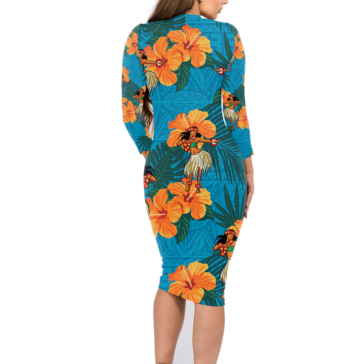 Hawaii Luau Party Family Matching Long Sleeve Bodycon Dress and Hawaiian Shirt Dancing Girl Tropical Flowers LT14 - Polynesian Pride