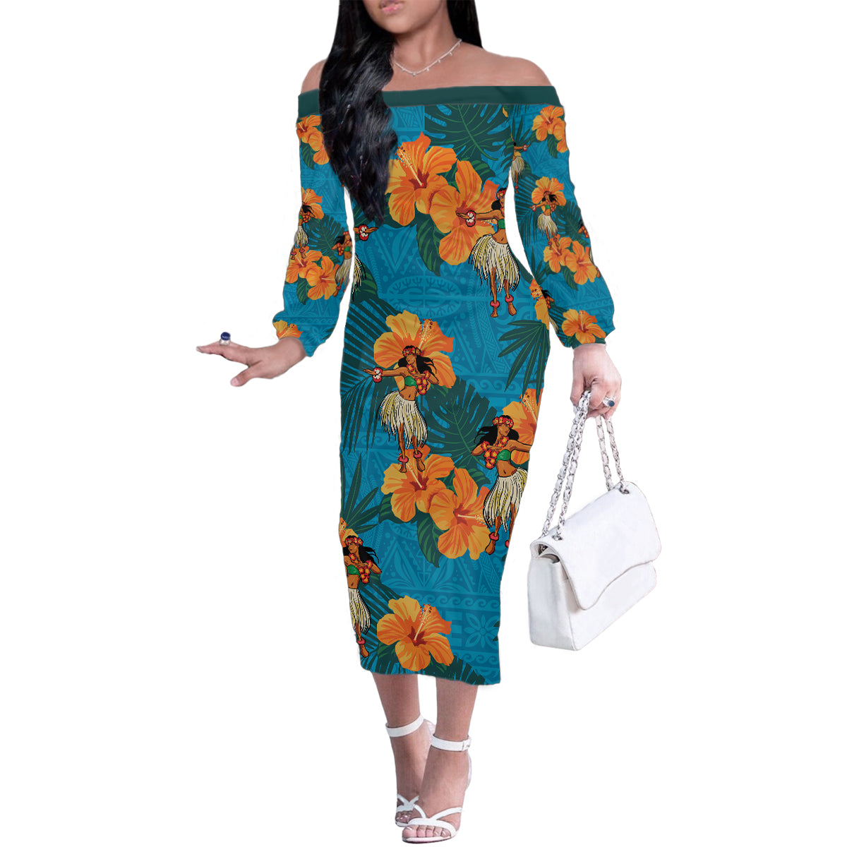 Hawaii Luau Party Family Matching Off Shoulder Long Sleeve Dress and Hawaiian Shirt Dancing Girl Tropical Flowers LT14 Mom's Dress Blue - Polynesian Pride