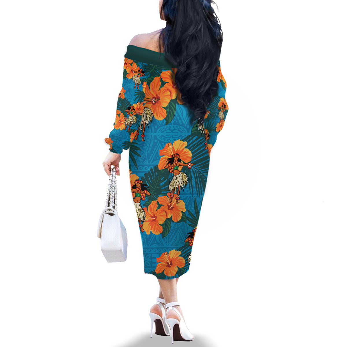 Hawaii Luau Party Family Matching Off Shoulder Long Sleeve Dress and Hawaiian Shirt Dancing Girl Tropical Flowers LT14 - Polynesian Pride