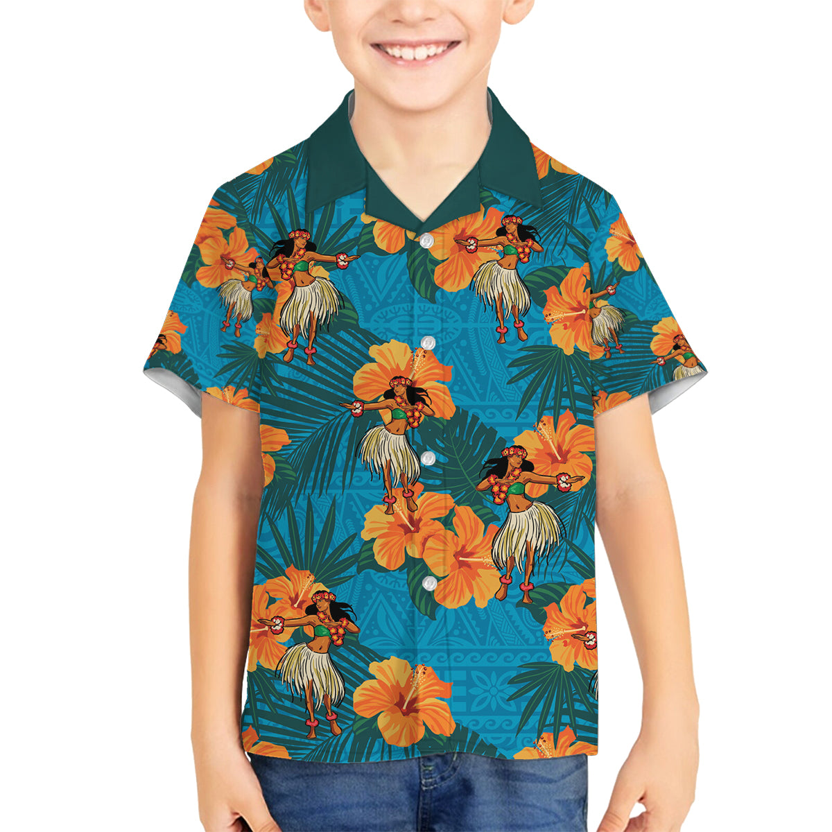 Hawaii Luau Party Family Matching Off Shoulder Long Sleeve Dress and Hawaiian Shirt Dancing Girl Tropical Flowers LT14 Son's Shirt Blue - Polynesian Pride