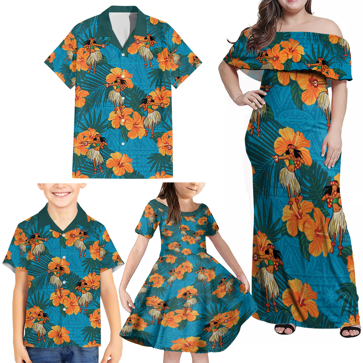 Hawaii Luau Party Family Matching Off Shoulder Maxi Dress and Hawaiian Shirt Dancing Girl Tropical Flowers LT14 - Polynesian Pride