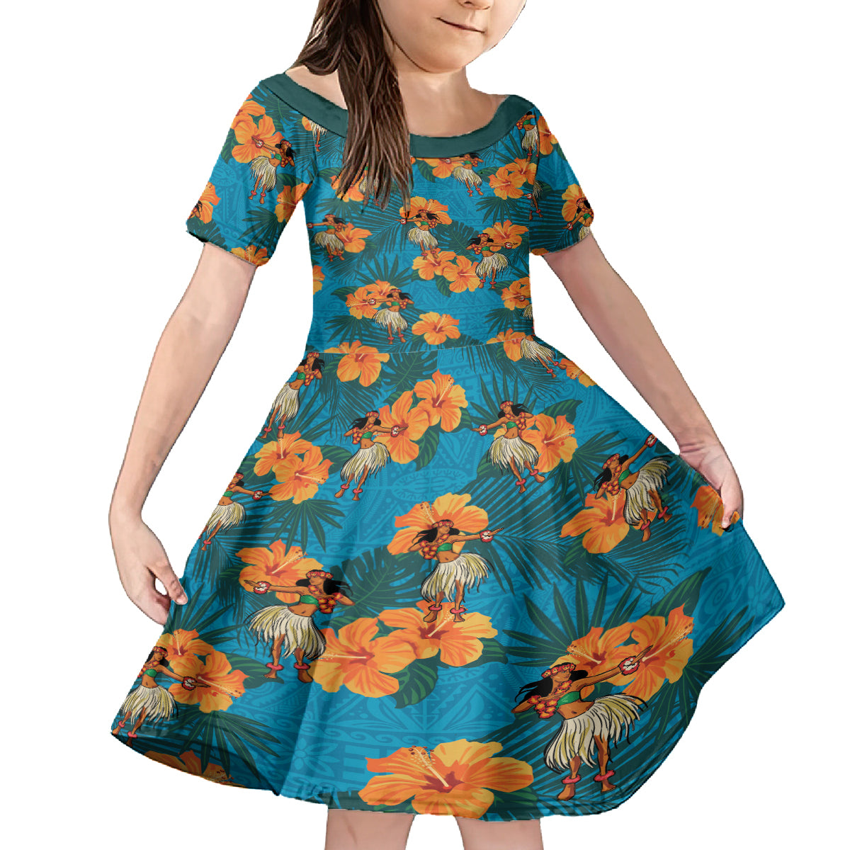 Hawaii Luau Party Family Matching Off Shoulder Short Dress and Hawaiian Shirt Dancing Girl Tropical Flowers LT14 Daughter's Dress Blue - Polynesian Pride