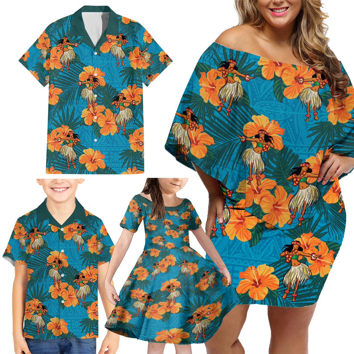 Hawaii Luau Party Family Matching Off Shoulder Short Dress and Hawaiian Shirt Dancing Girl Tropical Flowers LT14 - Polynesian Pride