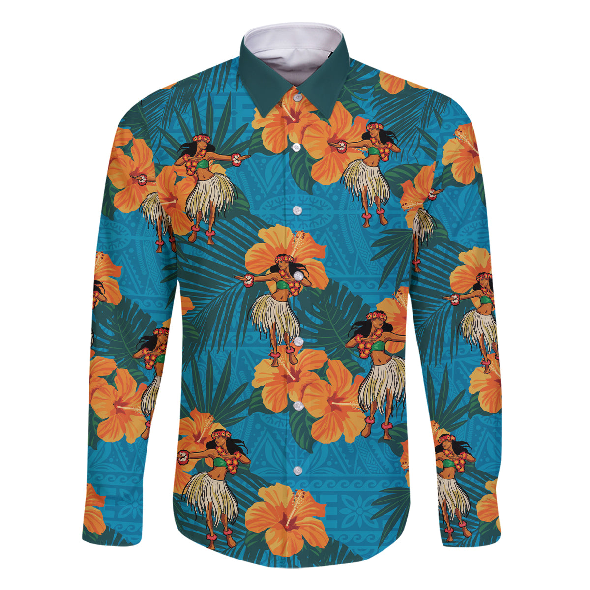 Hawaii Luau Party Family Matching Off Shoulder Short Dress and Hawaiian Shirt Dancing Girl Tropical Flowers LT14 Dad's Shirt - Long Sleeve Blue - Polynesian Pride