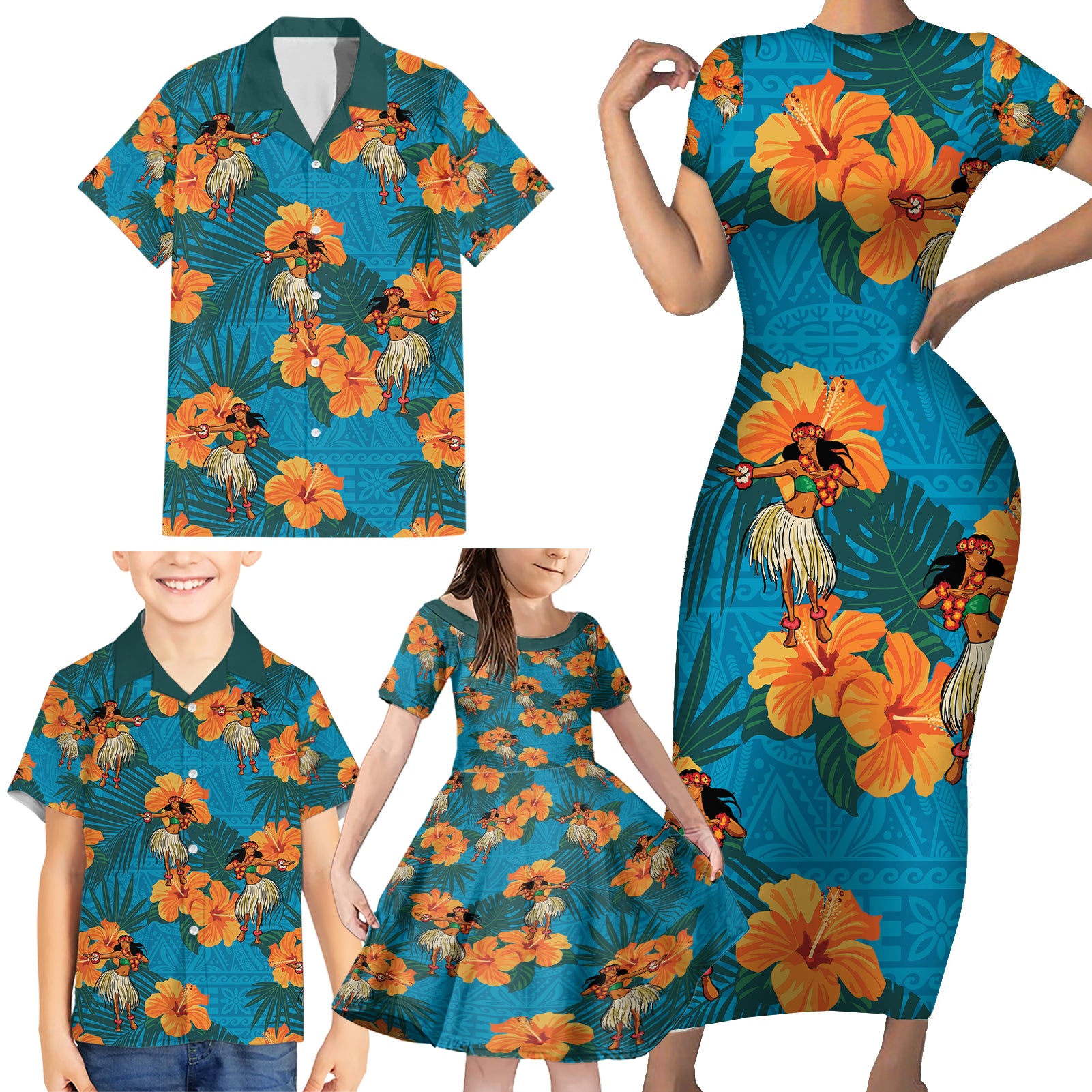 Hawaii Luau Party Family Matching Short Sleeve Bodycon Dress and Hawaiian Shirt Dancing Girl Tropical Flowers LT14 - Polynesian Pride