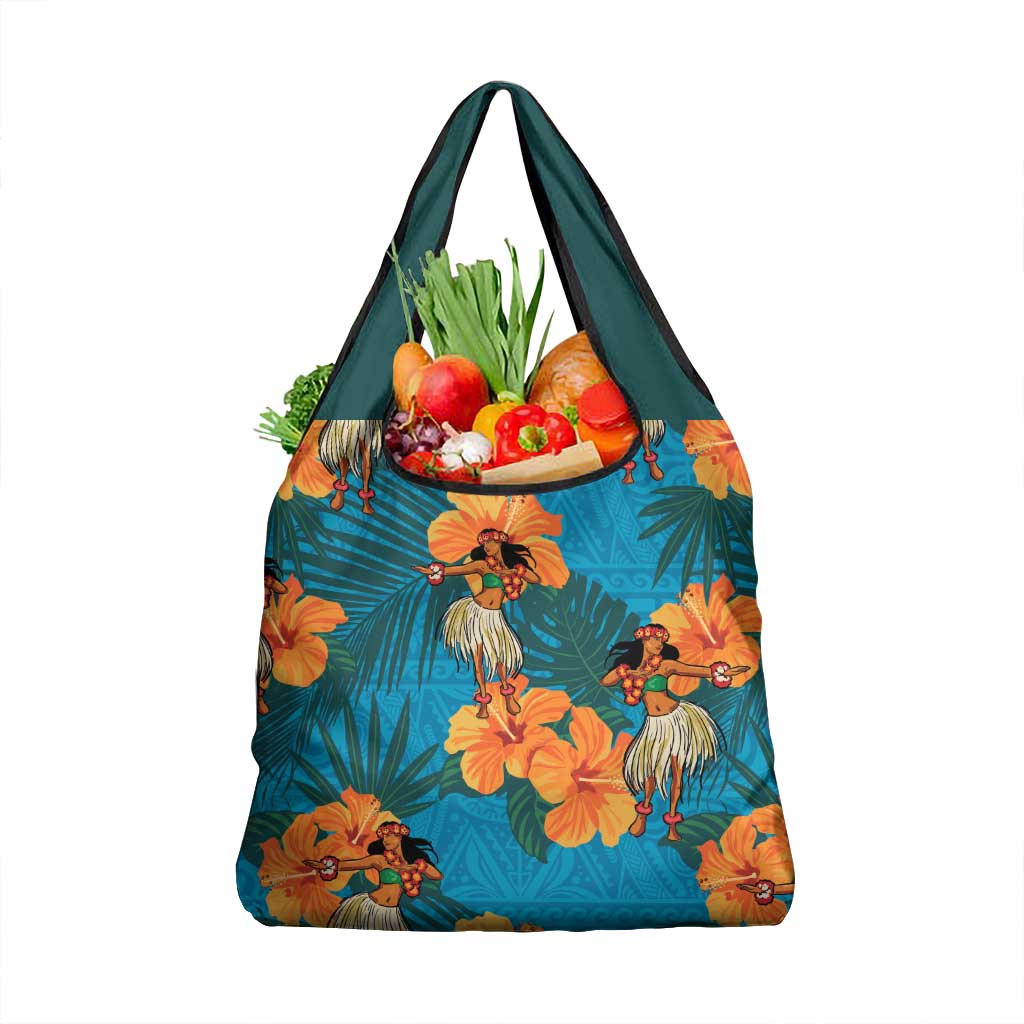 Hawaii Luau Party Grocery Bag Dancing Girl Tropical Flowers LT14 1-pack One Size Blue - Polynesian Pride