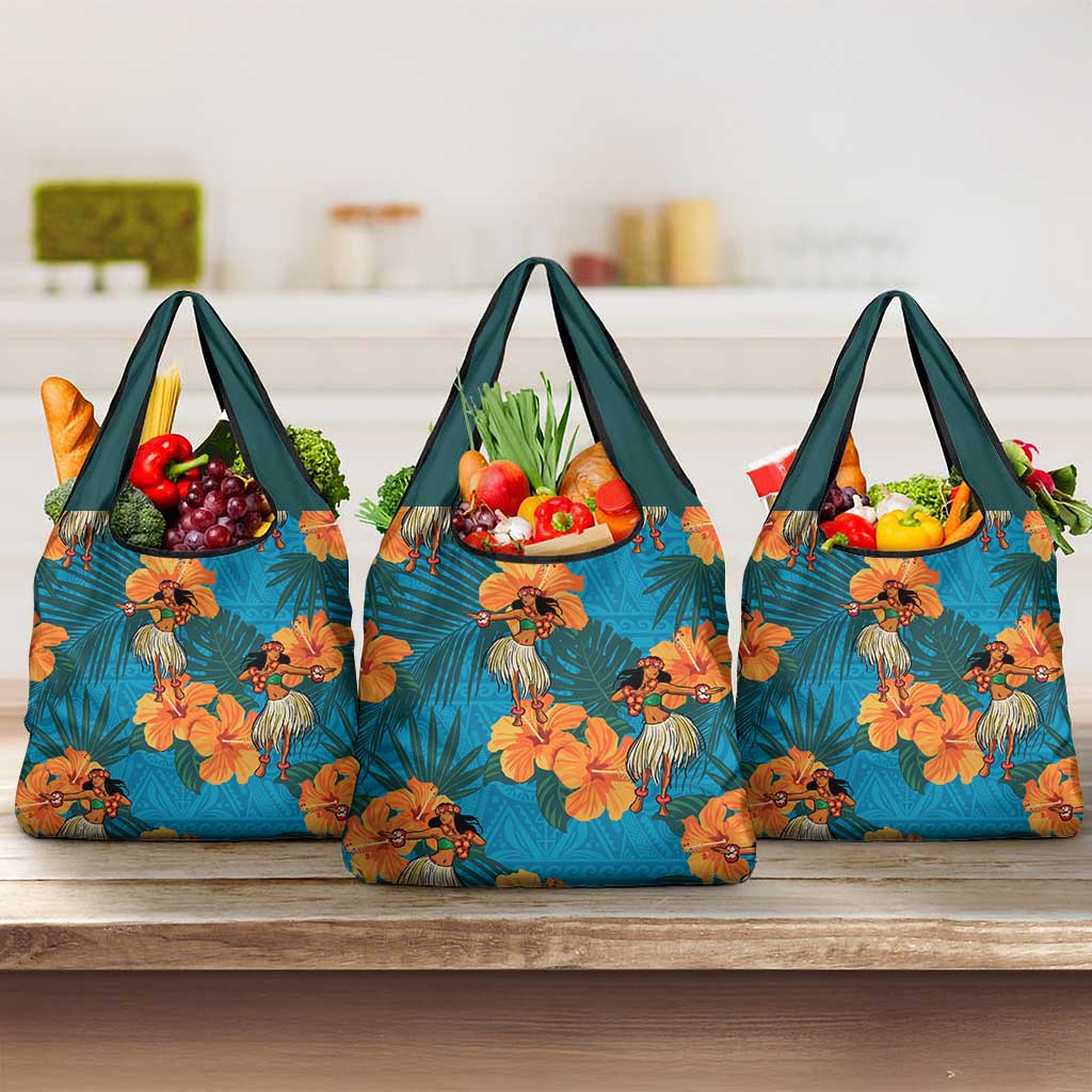 Hawaii Luau Party Grocery Bag Dancing Girl Tropical Flowers LT14 3-pack One Size Blue - Polynesian Pride