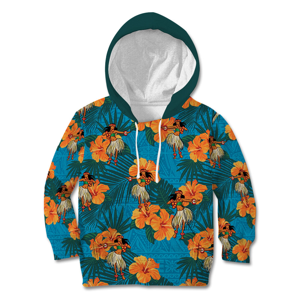 Hawaii Luau Party Kid Hoodie Dancing Girl Tropical Flowers LT14 Hoodie Blue - Polynesian Pride