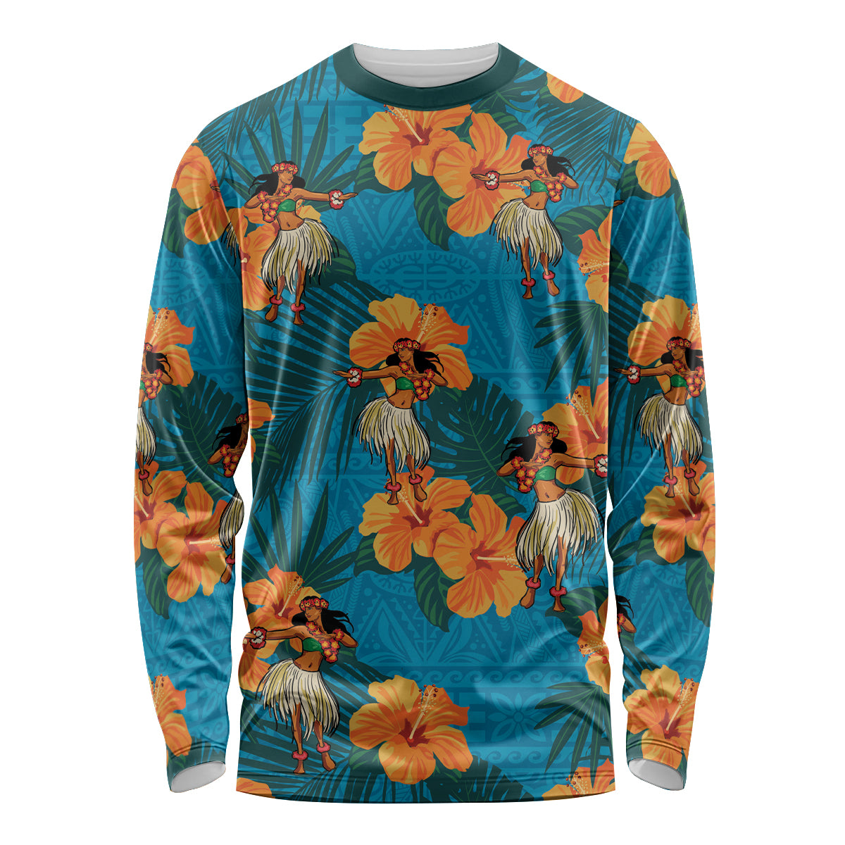 Hawaii Luau Party Long Sleeve Shirt Dancing Girl Tropical Flowers LT14 Unisex Blue - Polynesian Pride