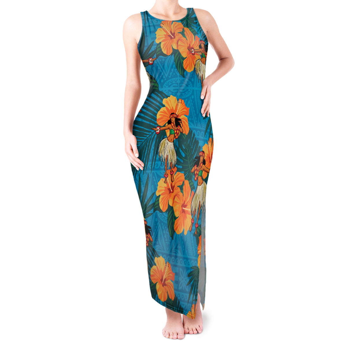 Hawaii Luau Party Tank Maxi Dress Dancing Girl Tropical Flowers LT14 Women Blue - Polynesian Pride