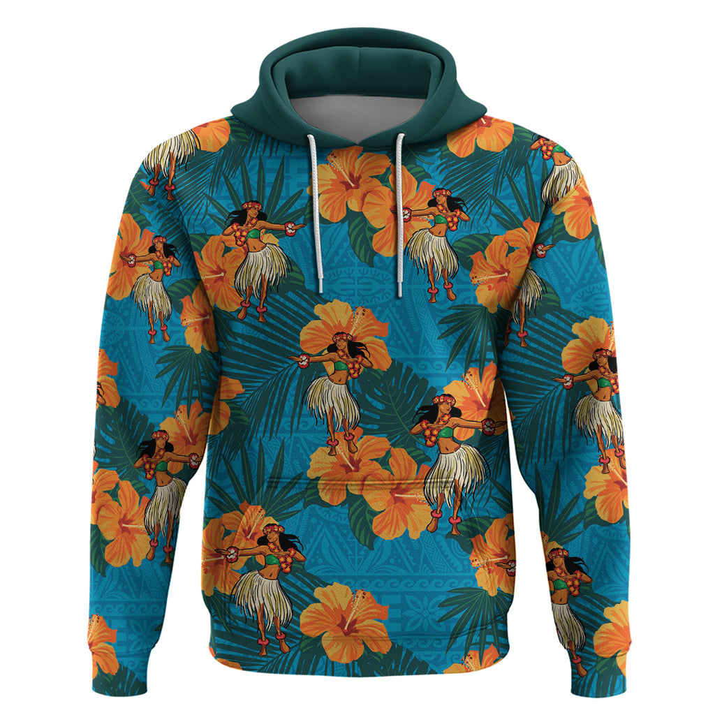 Hawaii Luau Party Zip Hoodie Dancing Girl Tropical Flowers LT14 Pullover Hoodie Blue - Polynesian Pride