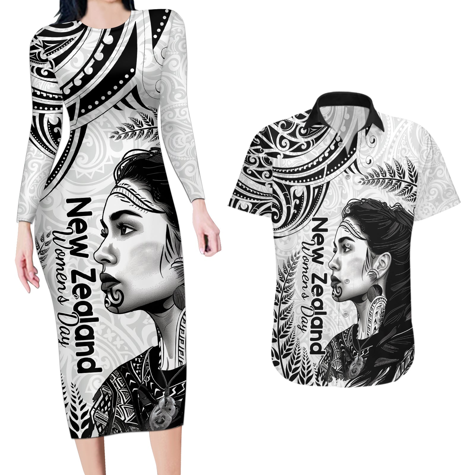 New Zealand Women's Day Couples Matching Long Sleeve Bodycon Dress and Hawaiian Shirt Aotearoa Kia Whakapumau Te Mana Wahine LT14 White - Polynesian Pride