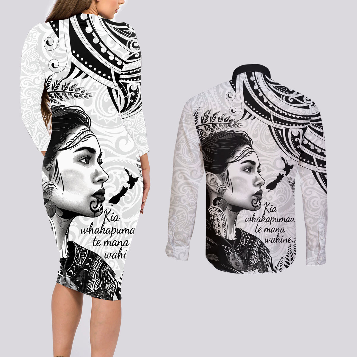 New Zealand Women's Day Couples Matching Long Sleeve Bodycon Dress and Long Sleeve Button Shirt Aotearoa Kia Whakapumau Te Mana Wahine LT14 - Polynesian Pride