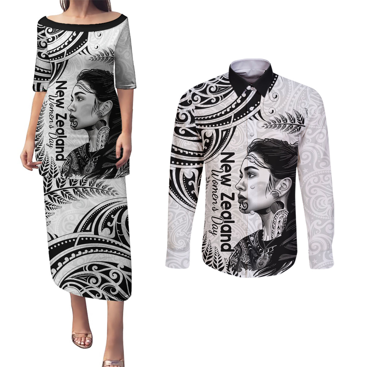 New Zealand Women's Day Couples Matching Puletasi and Long Sleeve Button Shirt Aotearoa Kia Whakapumau Te Mana Wahine LT14 White - Polynesian Pride