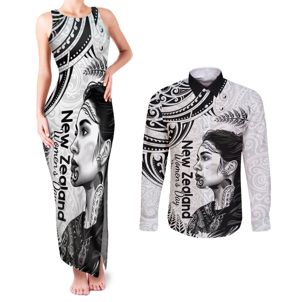 New Zealand Women's Day Couples Matching Tank Maxi Dress and Long Sleeve Button Shirt Aotearoa Kia Whakapumau Te Mana Wahine LT14 White - Polynesian Pride