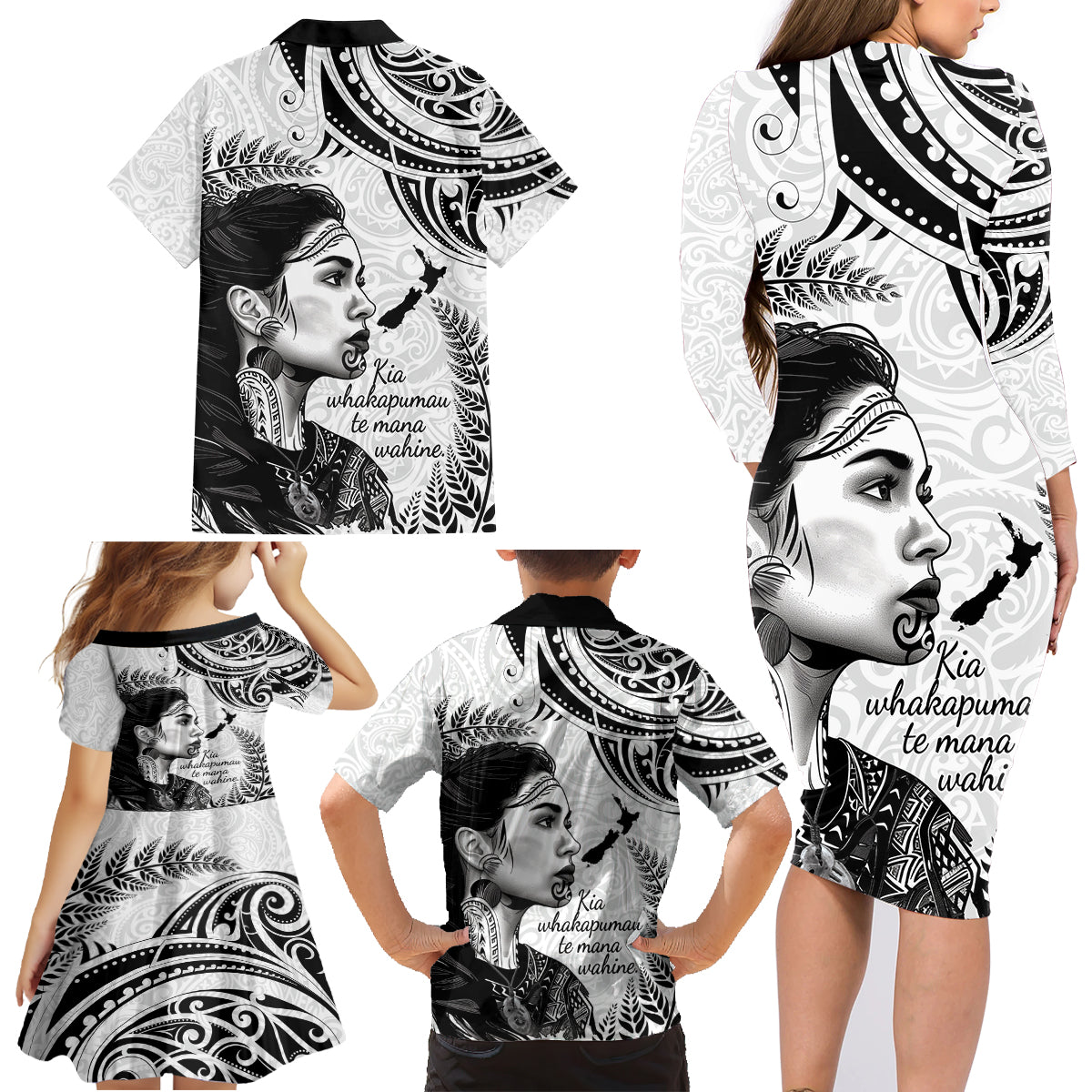 New Zealand Women's Day Family Matching Long Sleeve Bodycon Dress and Hawaiian Shirt Aotearoa Kia Whakapumau Te Mana Wahine LT14 - Polynesian Pride