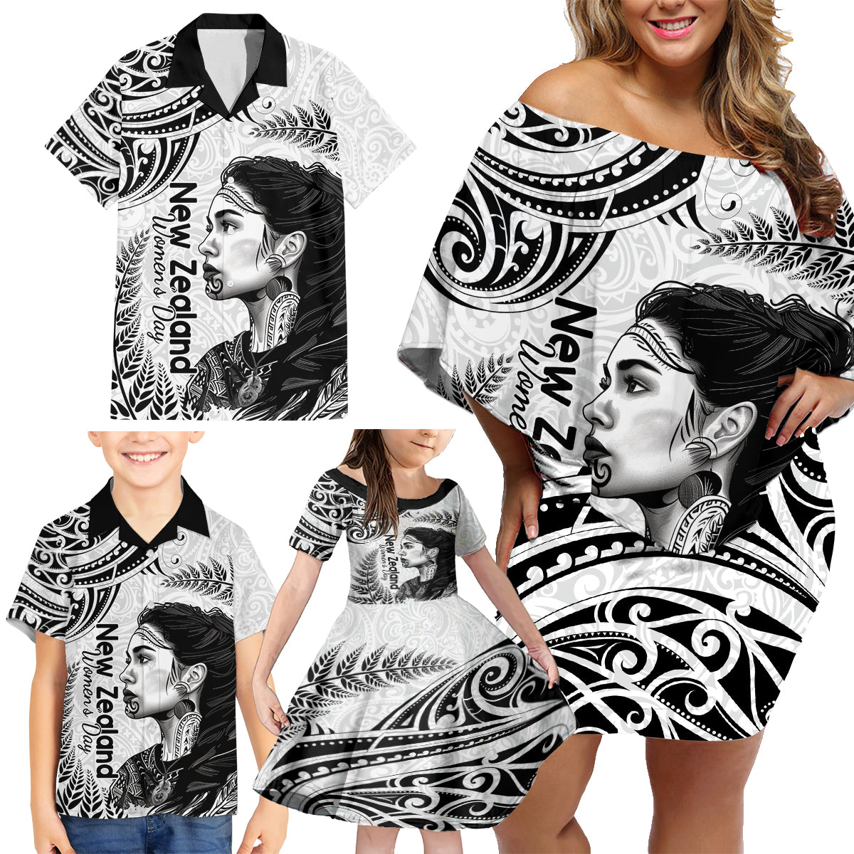 New Zealand Women's Day Family Matching Off Shoulder Short Dress and Hawaiian Shirt Aotearoa Kia Whakapumau Te Mana Wahine LT14 - Polynesian Pride