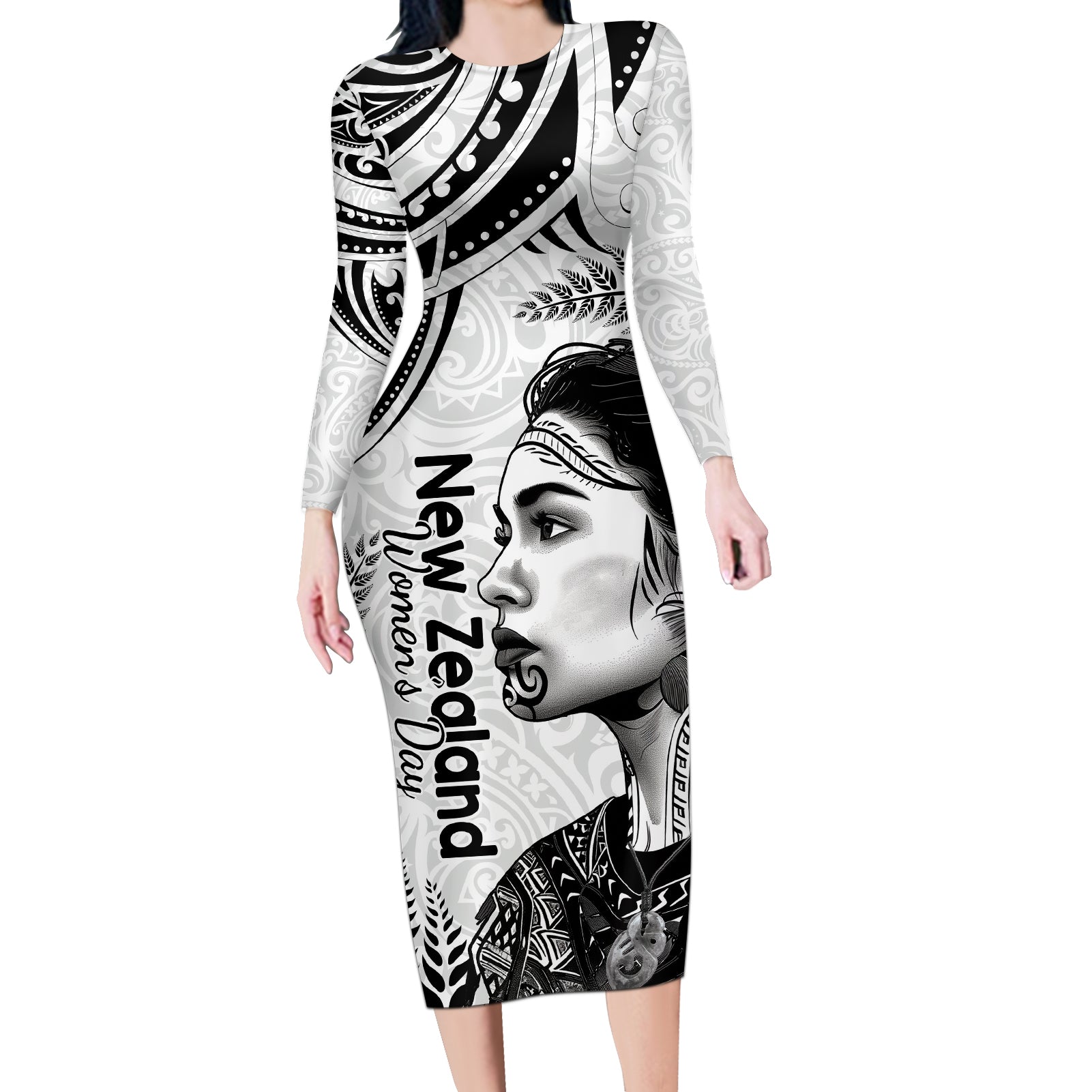 New Zealand Women's Day Long Sleeve Bodycon Dress Aotearoa Kia Whakapumau Te Mana Wahine LT14 Long Dress White - Polynesian Pride