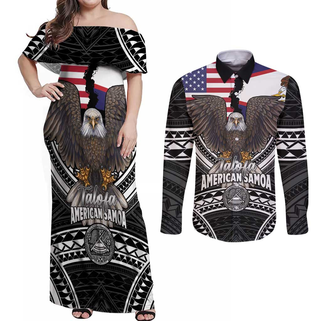 Talofa American Samoa Flag Day Couples Matching Off Shoulder Maxi Dress and Long Sleeve Button Shirt Bald Eagle Polynesian Tattoo