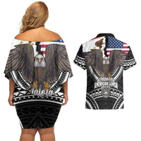 Talofa American Samoa Flag Day Couples Matching Off Shoulder Short Dress and Hawaiian Shirt Bald Eagle Polynesian Tattoo