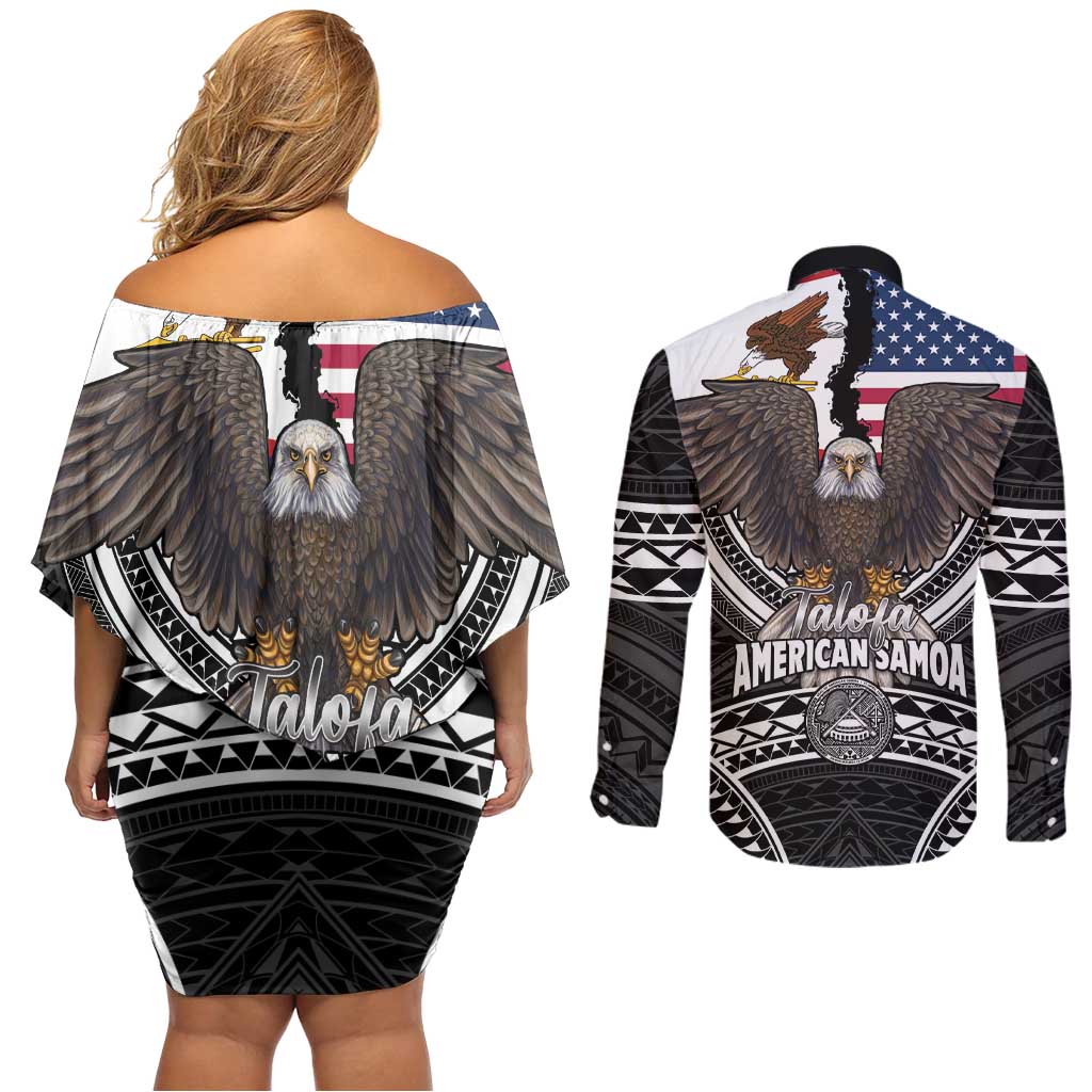 Talofa American Samoa Flag Day Couples Matching Off Shoulder Short Dress and Long Sleeve Button Shirt Bald Eagle Polynesian Tattoo