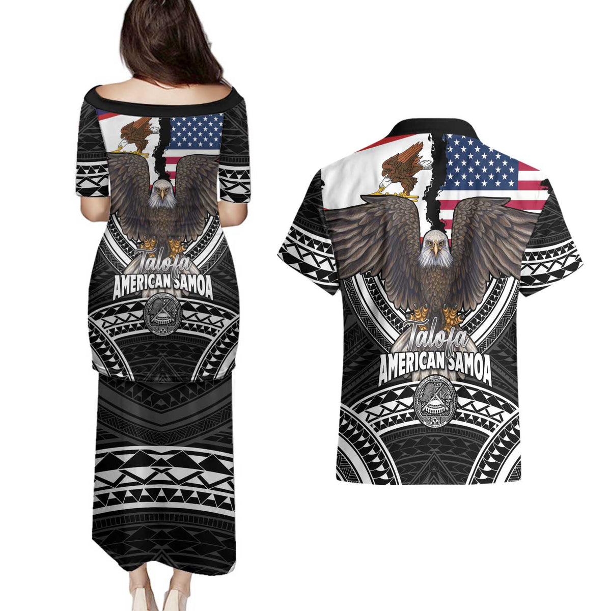 Talofa American Samoa Flag Day Couples Matching Puletasi and Hawaiian Shirt Bald Eagle Polynesian Tattoo