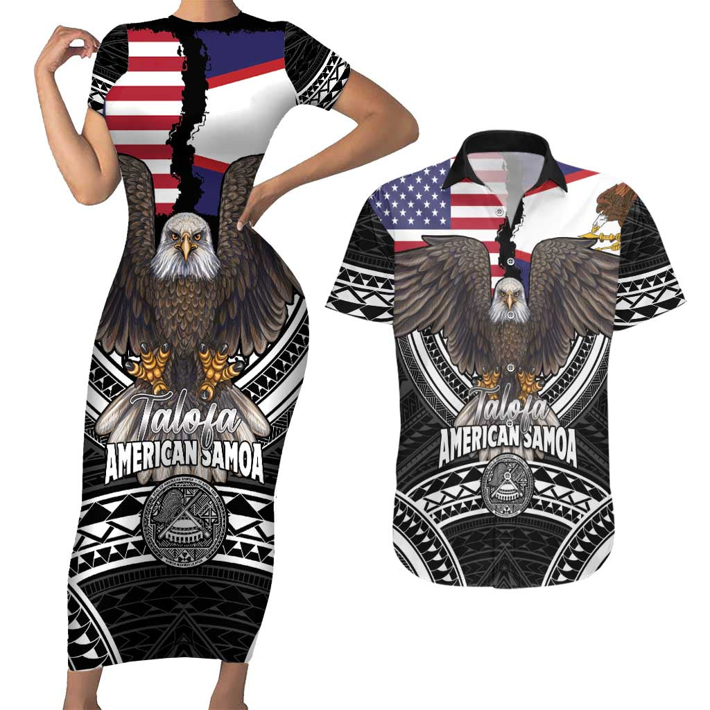 Talofa American Samoa Flag Day Couples Matching Short Sleeve Bodycon Dress and Hawaiian Shirt Bald Eagle Polynesian Tattoo