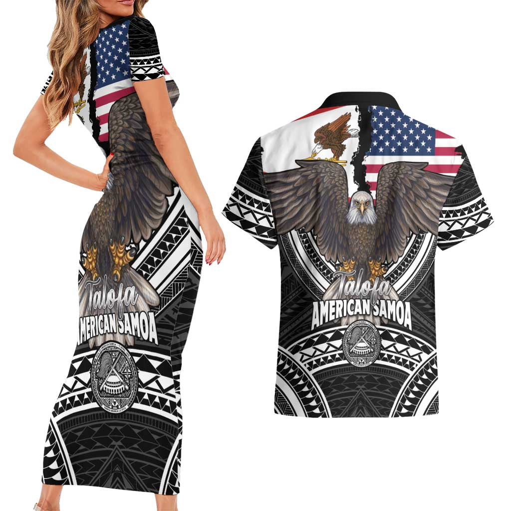 Talofa American Samoa Flag Day Couples Matching Short Sleeve Bodycon Dress and Hawaiian Shirt Bald Eagle Polynesian Tattoo