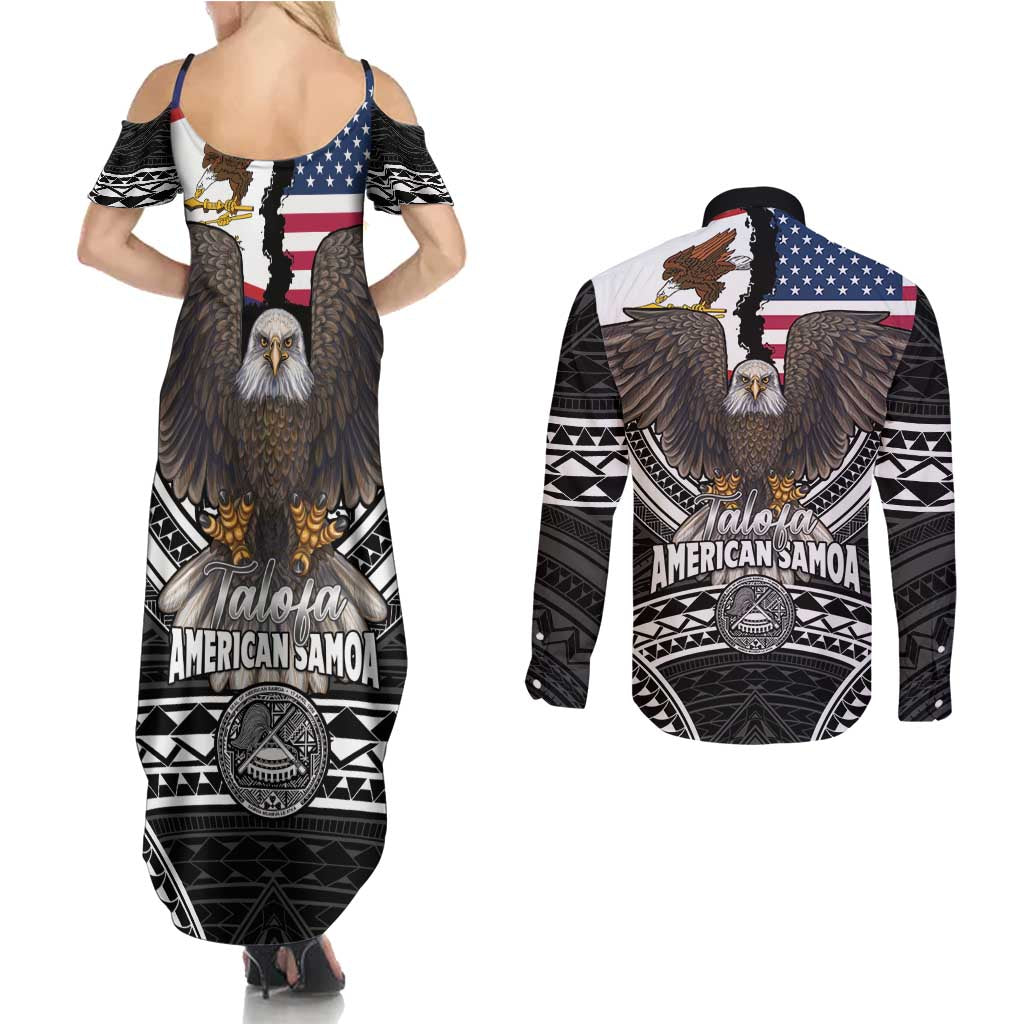 Talofa American Samoa Flag Day Couples Matching Summer Maxi Dress and Long Sleeve Button Shirt Bald Eagle Polynesian Tattoo