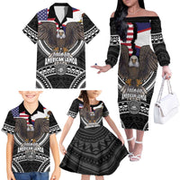 Talofa American Samoa Flag Day Family Matching Off The Shoulder Long Sleeve Dress and Hawaiian Shirt Bald Eagle Polynesian Tattoo