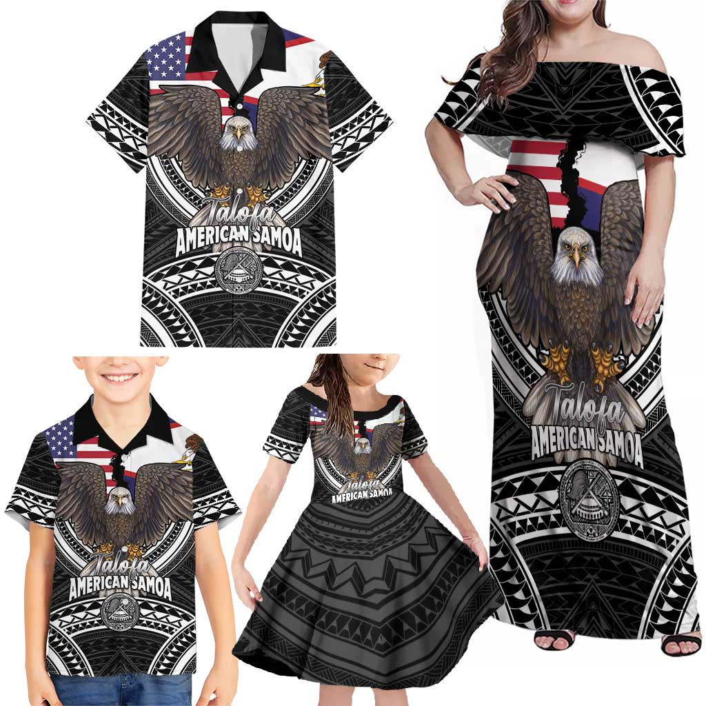 Talofa American Samoa Flag Day Family Matching Off Shoulder Maxi Dress and Hawaiian Shirt Bald Eagle Polynesian Tattoo