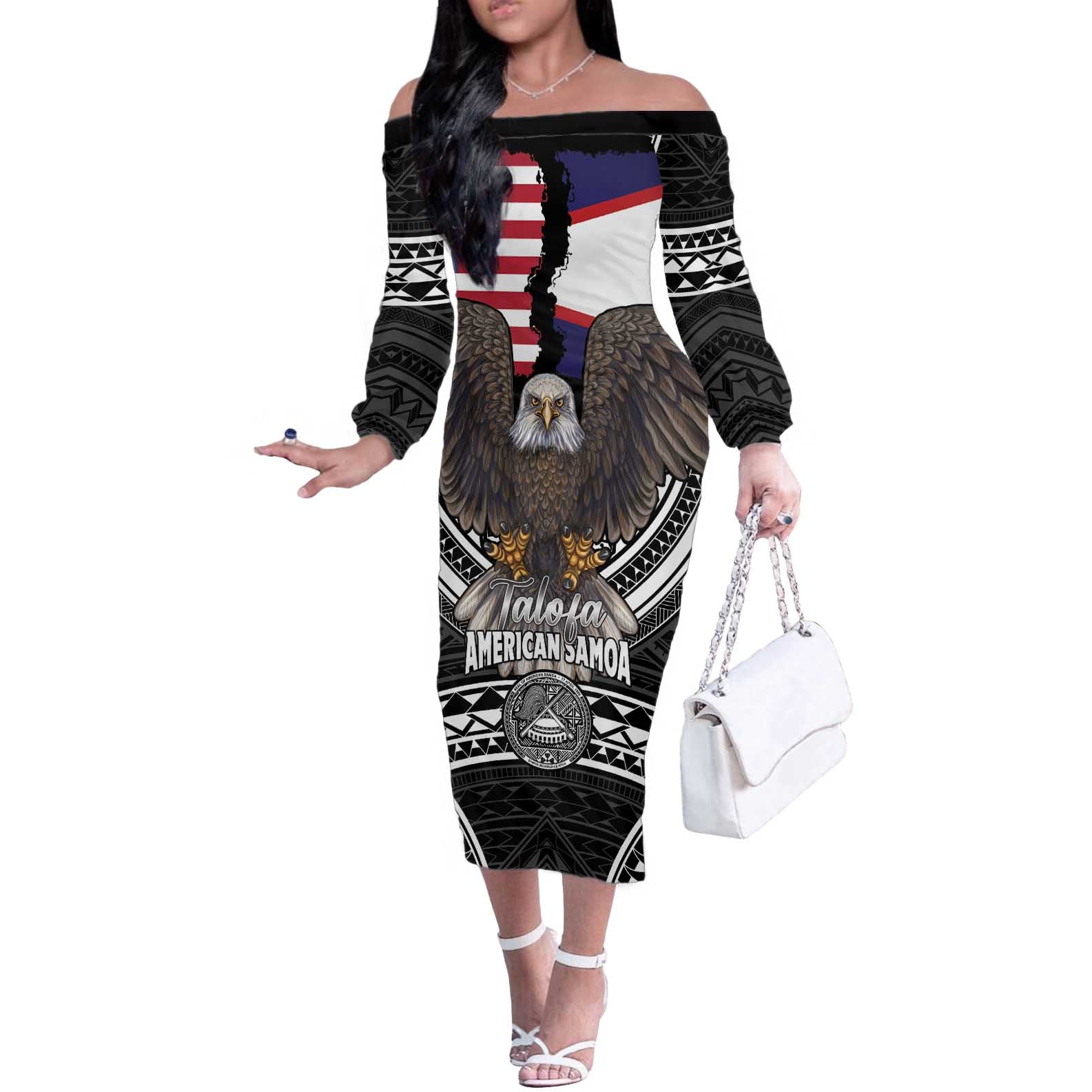 Talofa American Samoa Flag Day Off The Shoulder Long Sleeve Dress Bald Eagle Polynesian Tattoo