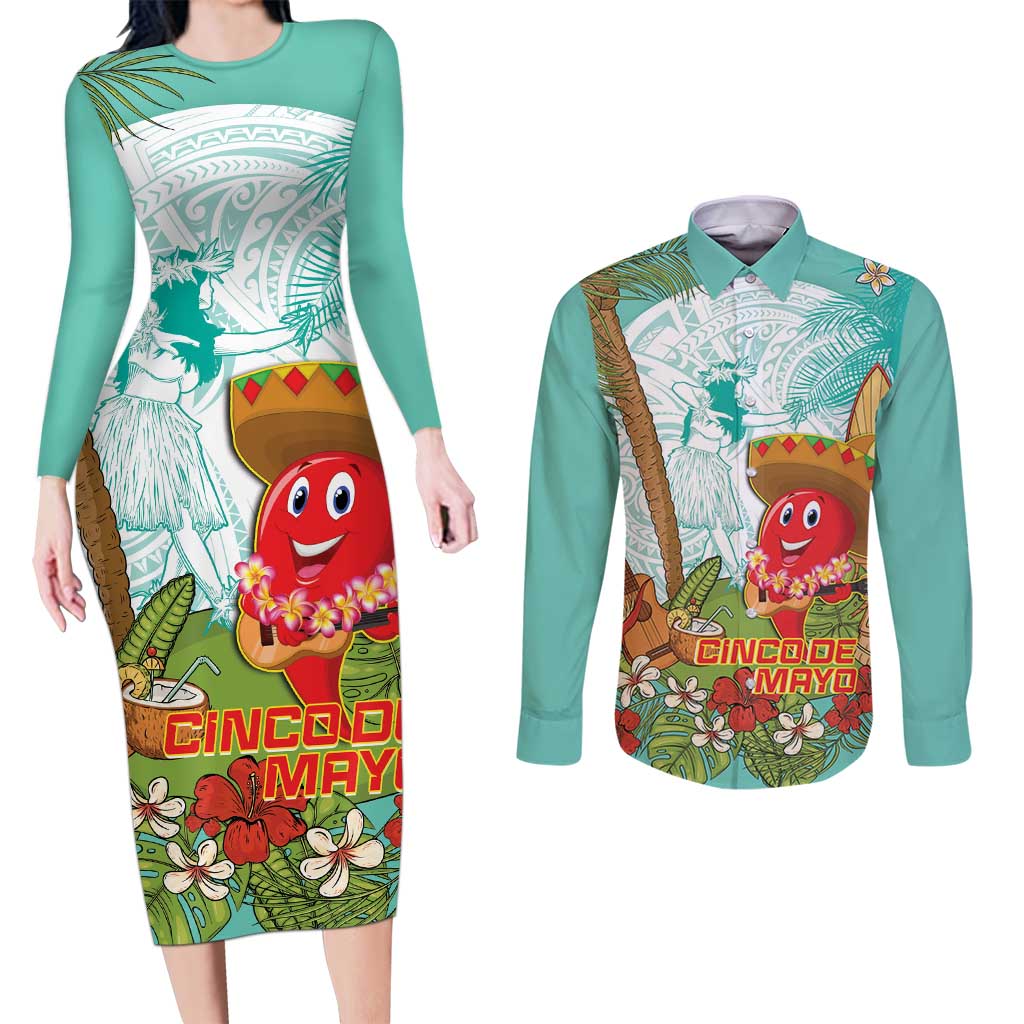 Hawaii Cinco de Mayo Couples Matching Long Sleeve Bodycon Dress and Long Sleeve Button Shirt Chili Pepper Hula Girl Tropical Vibes