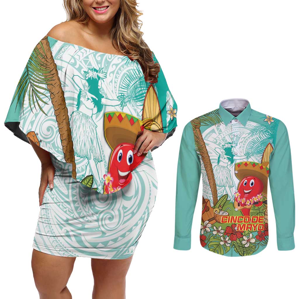 Hawaii Cinco de Mayo Couples Matching Off Shoulder Short Dress and Long Sleeve Button Shirt Chili Pepper Hula Girl Tropical Vibes
