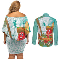 Hawaii Cinco de Mayo Couples Matching Off Shoulder Short Dress and Long Sleeve Button Shirt Chili Pepper Hula Girl Tropical Vibes