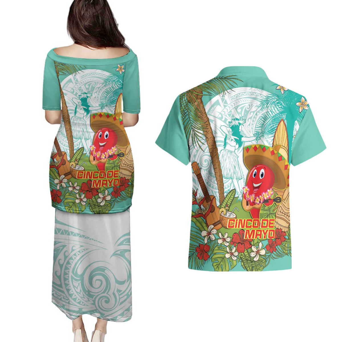 Hawaii Cinco de Mayo Couples Matching Puletasi and Hawaiian Shirt Chili Pepper Hula Girl Tropical Vibes