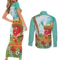 Hawaii Cinco de Mayo Couples Matching Short Sleeve Bodycon Dress and Long Sleeve Button Shirt Chili Pepper Hula Girl Tropical Vibes