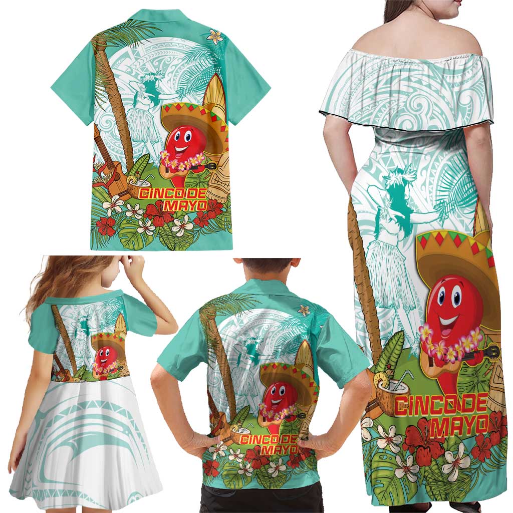 Hawaii Cinco de Mayo Family Matching Off Shoulder Maxi Dress and Hawaiian Shirt Chili Pepper Hula Girl Tropical Vibes