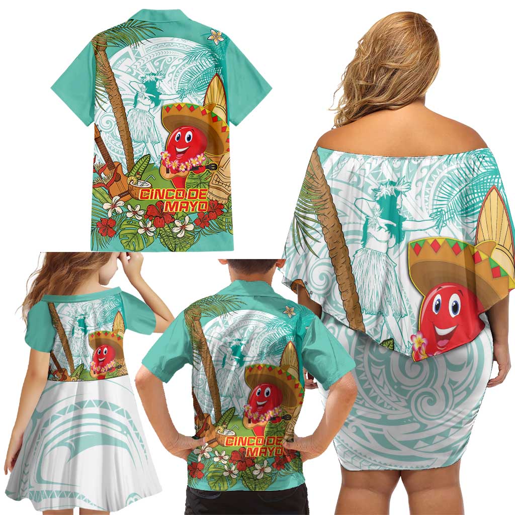 Hawaii Cinco de Mayo Family Matching Off Shoulder Short Dress and Hawaiian Shirt Chili Pepper Hula Girl Tropical Vibes